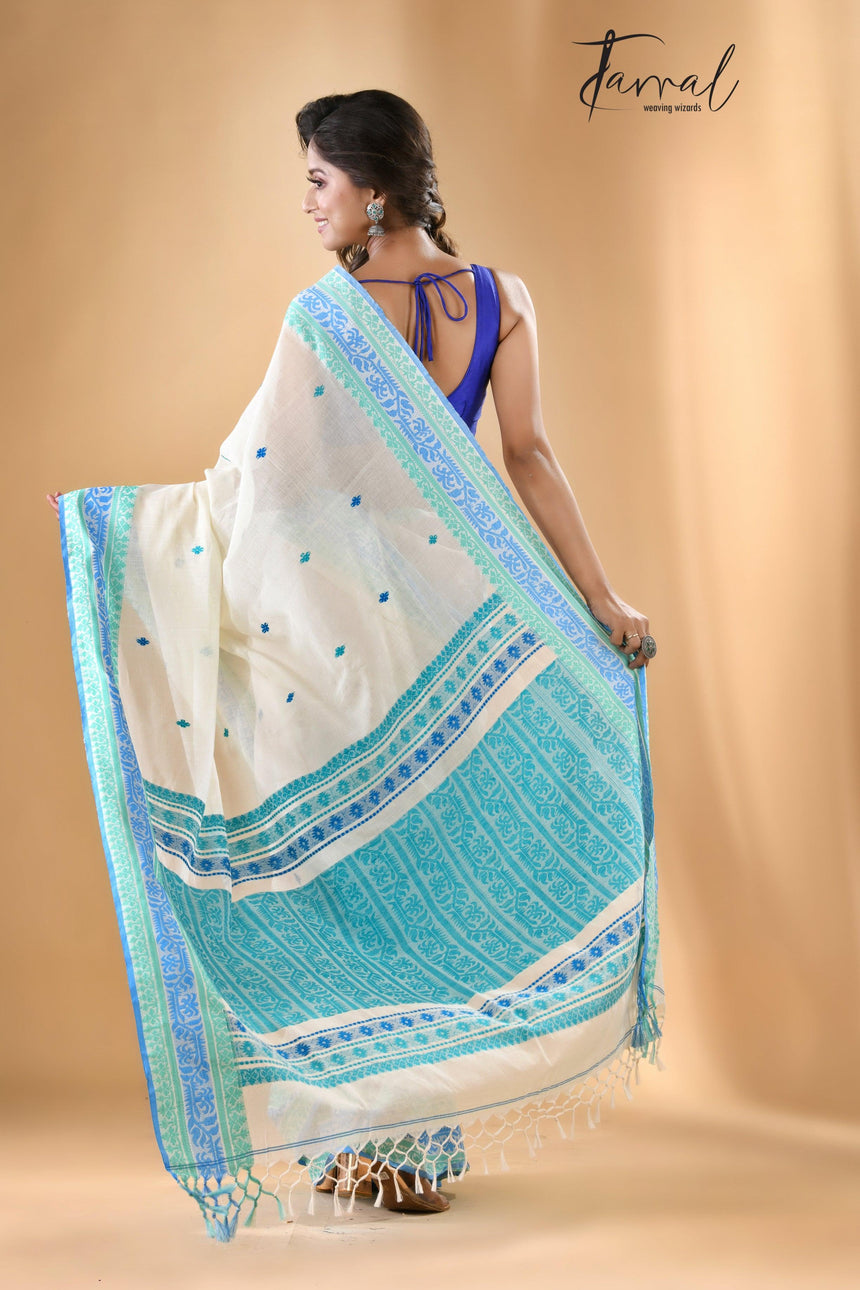 Whispering white fulia cotton handloom saree - Tamal Boutique