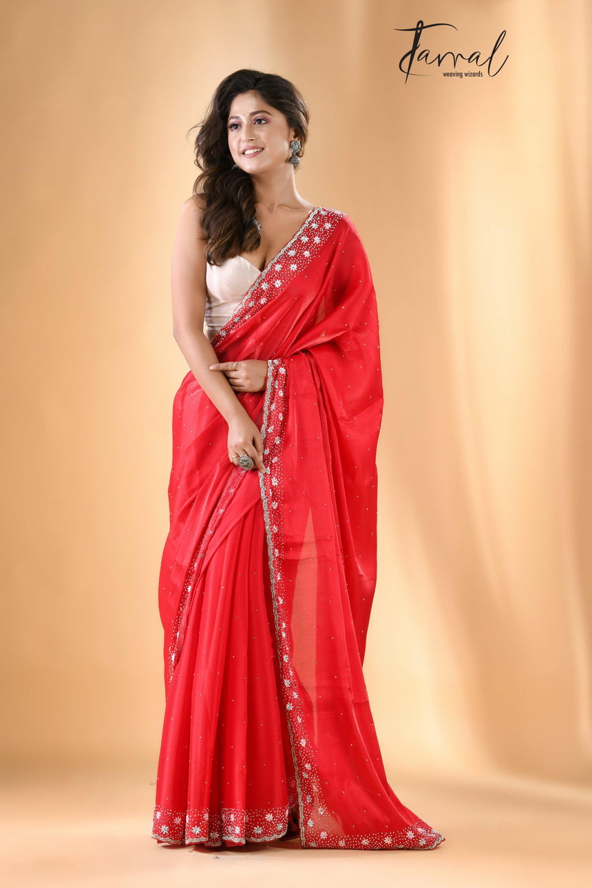 Red velvet elegance zardosi stone work silk saree - Tamal Boutique