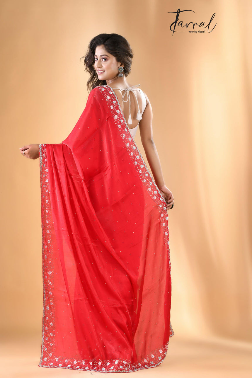 Red velvet elegance zardosi stone work silk saree - Tamal Boutique