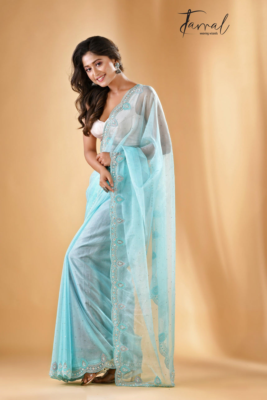 Sky blue illusion zardosi silk saree - Tamal Boutique