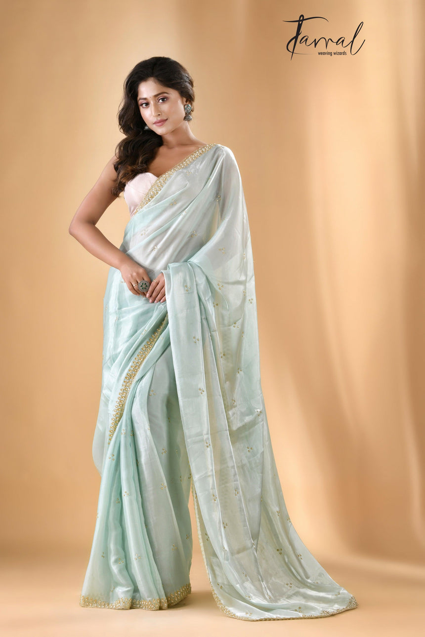 Water green zardosi silk stone work saree - Tamal Boutique