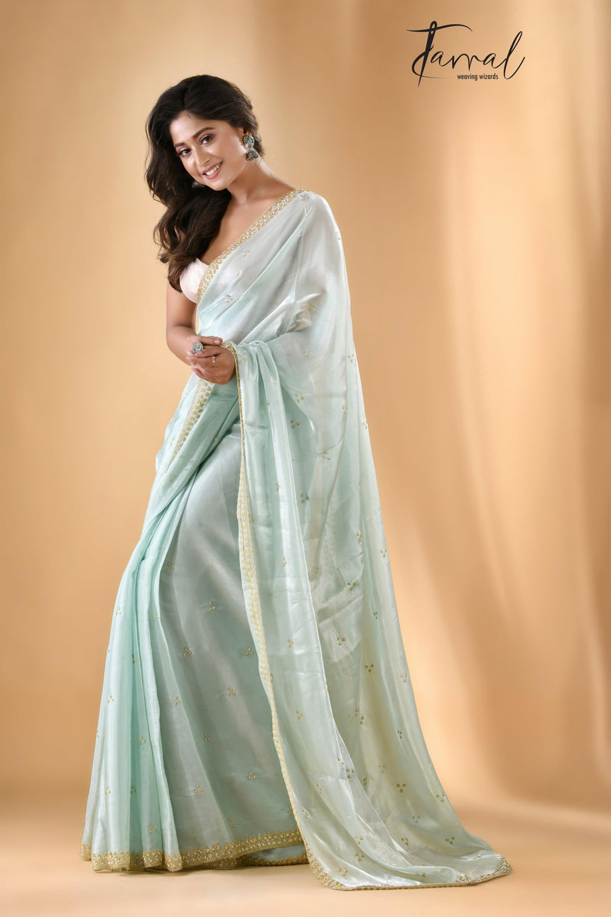 Water green zardosi silk stone work saree - Tamal Boutique