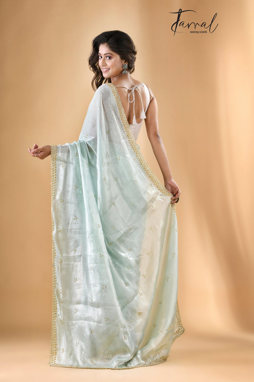 Water green zardosi silk stone work saree - Tamal Boutique