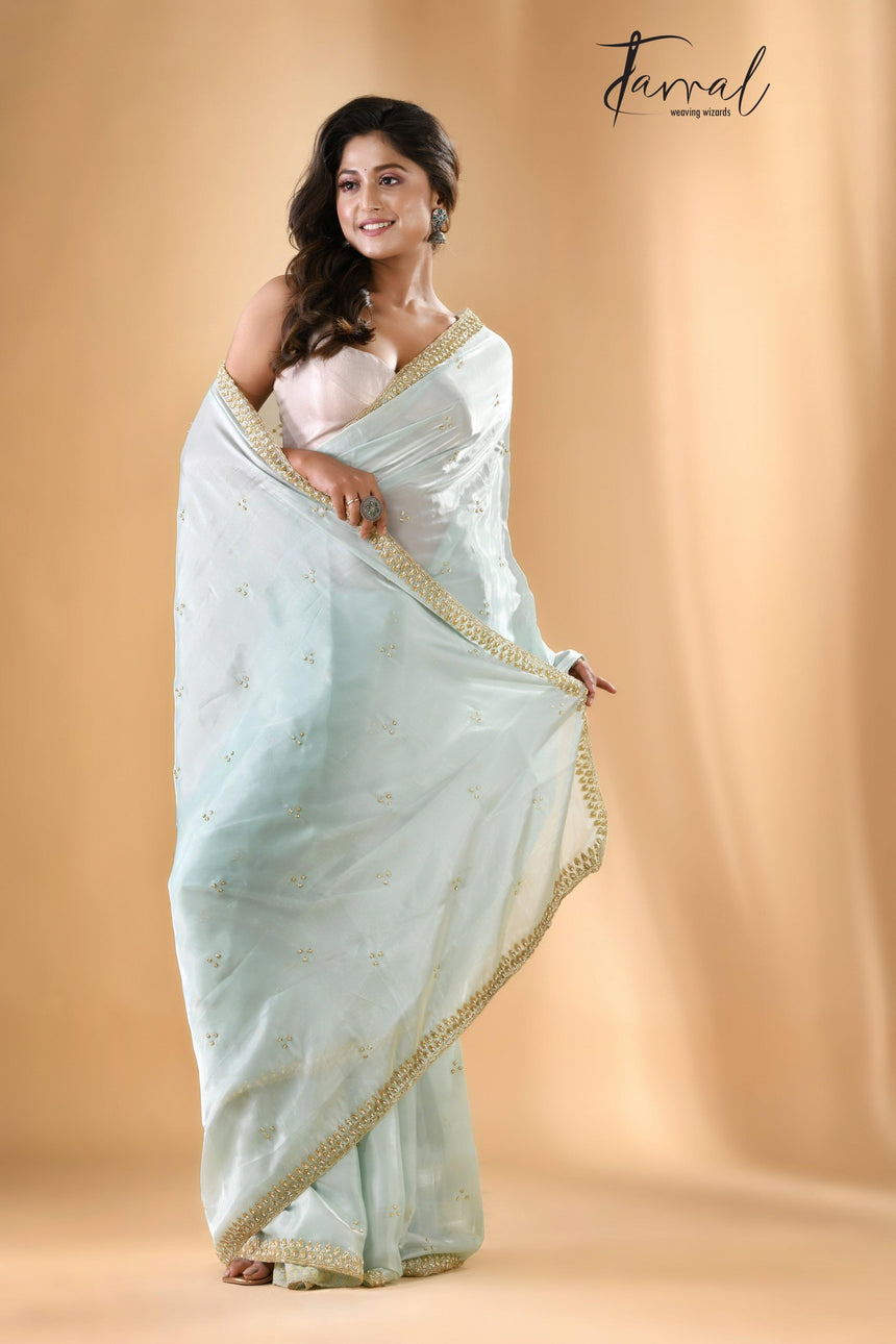 Water green zardosi silk stone work saree - Tamal Boutique