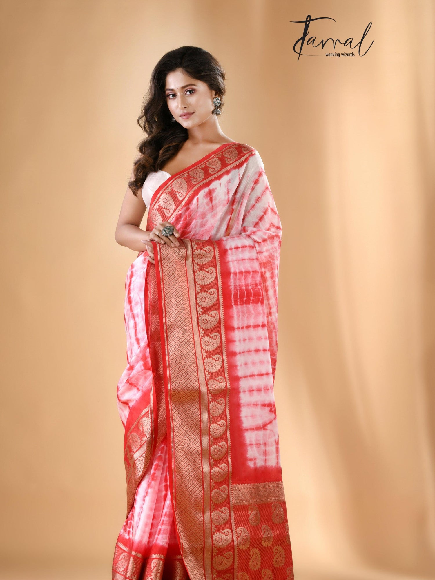 White with Red Shivori Banarasi Silk Saree - Tamal Boutique