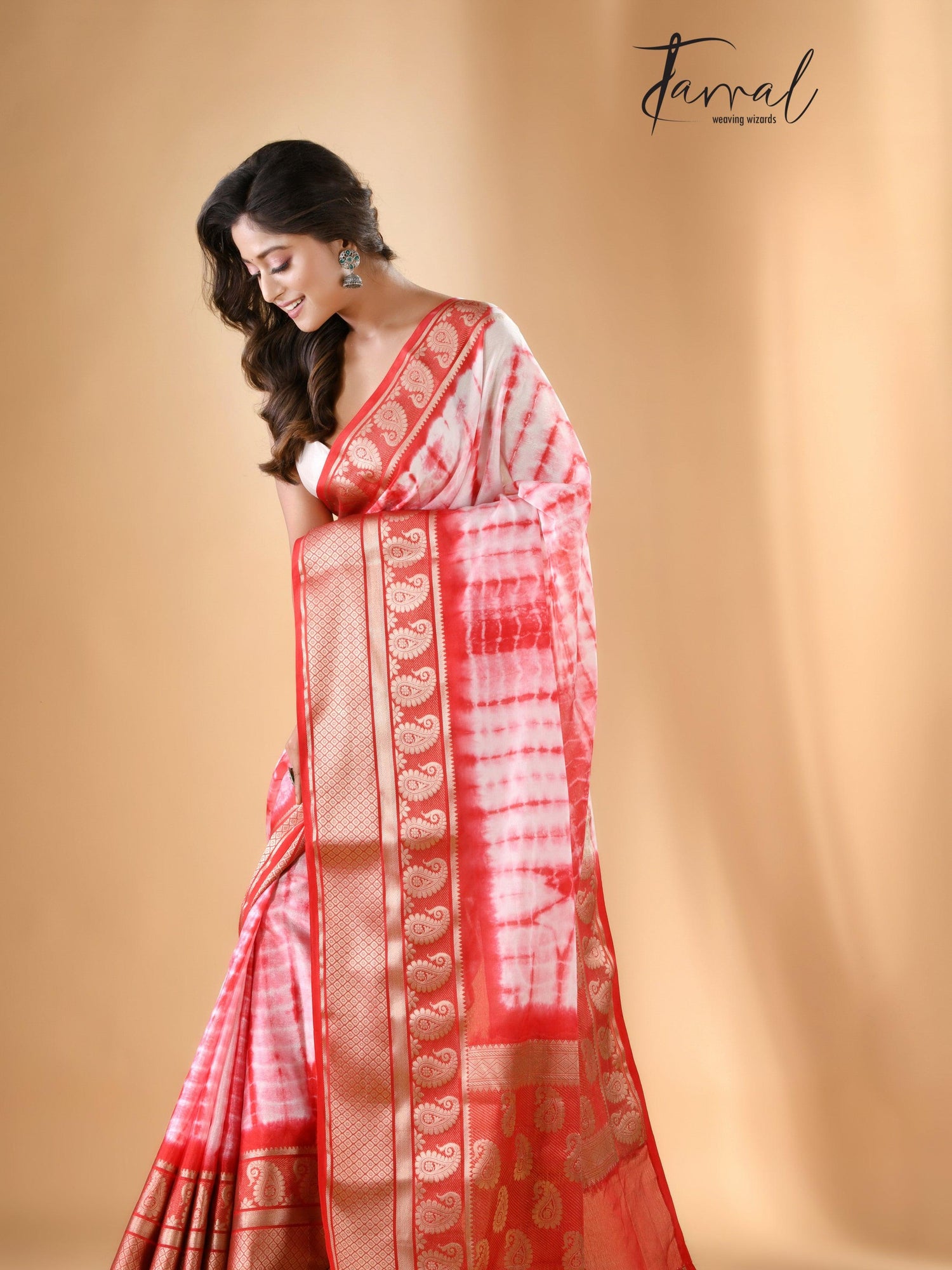 White with Red Shivori Banarasi Silk Saree - Tamal Boutique