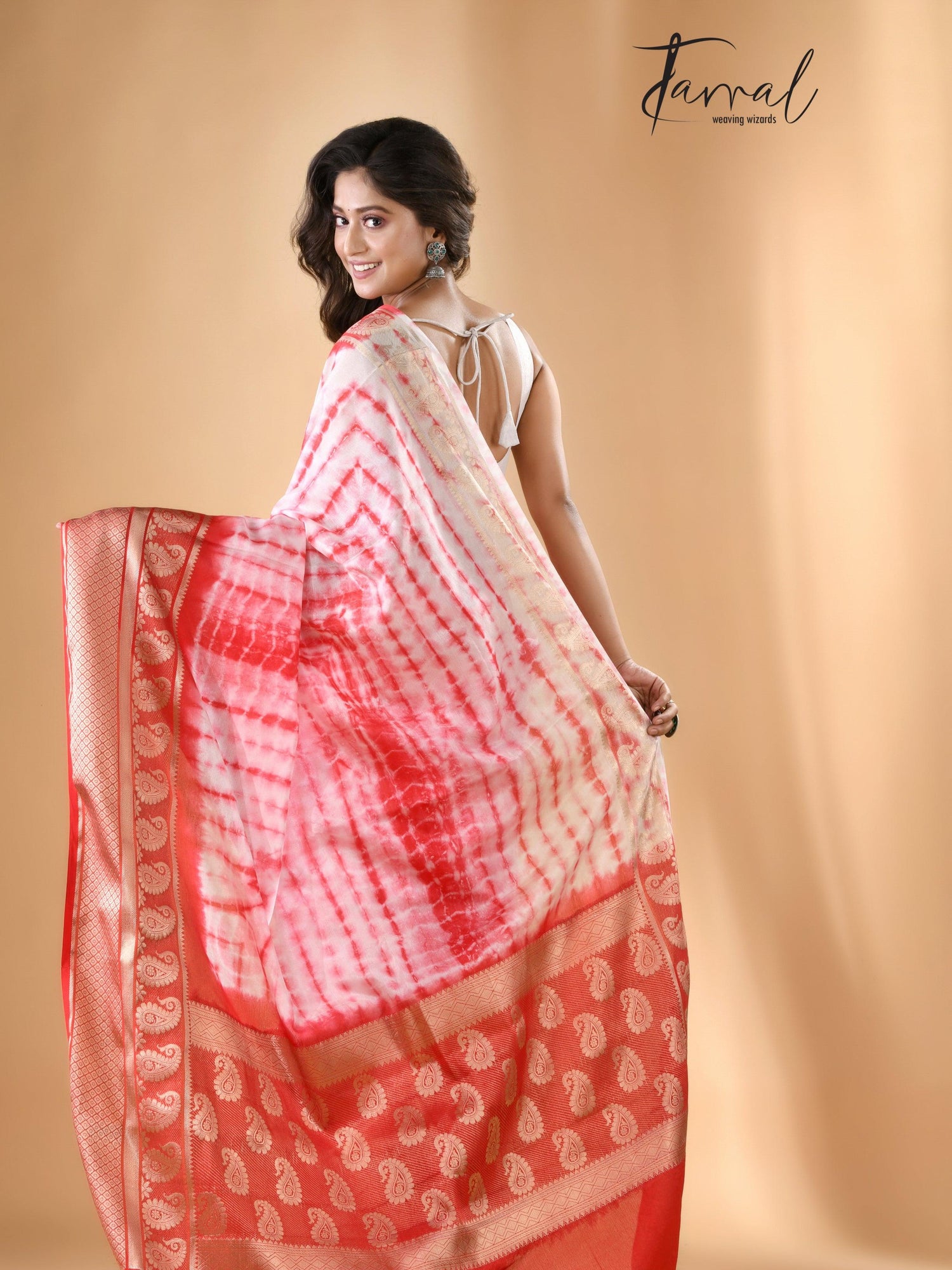 White with Red Shivori Banarasi Silk Saree - Tamal Boutique
