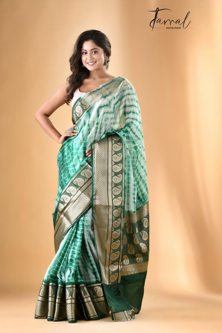 White with green Shivori Banarasi Silk Saree - Tamal Boutique