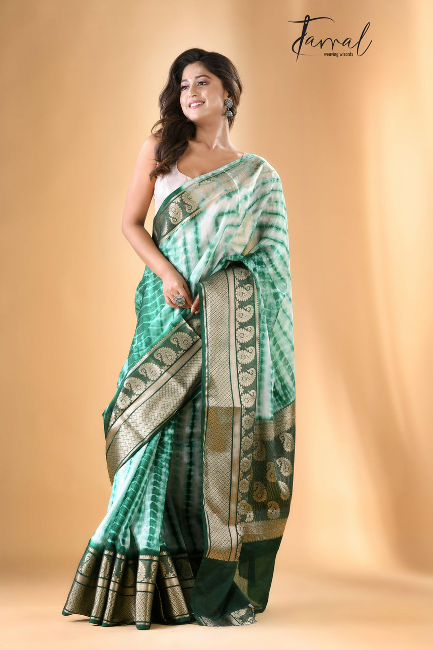 White with green Shivori Banarasi Silk Saree - Tamal Boutique