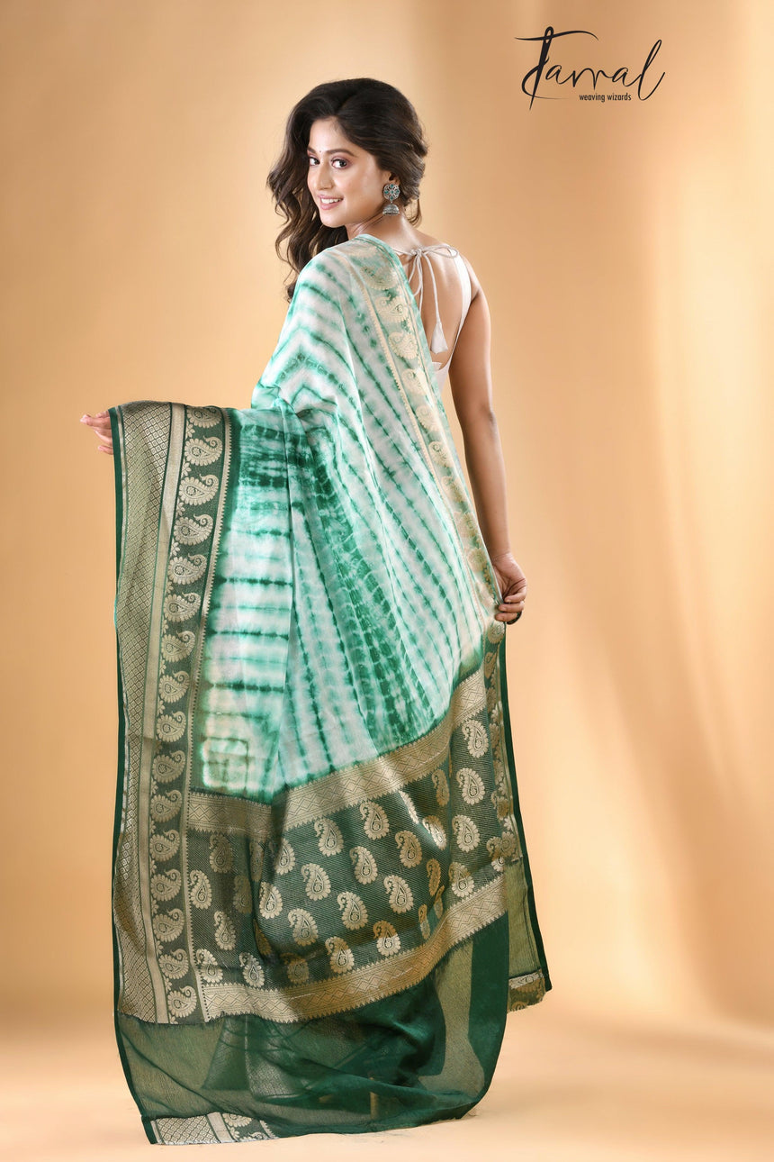 White with green Shivori Banarasi Silk Saree - Tamal Boutique