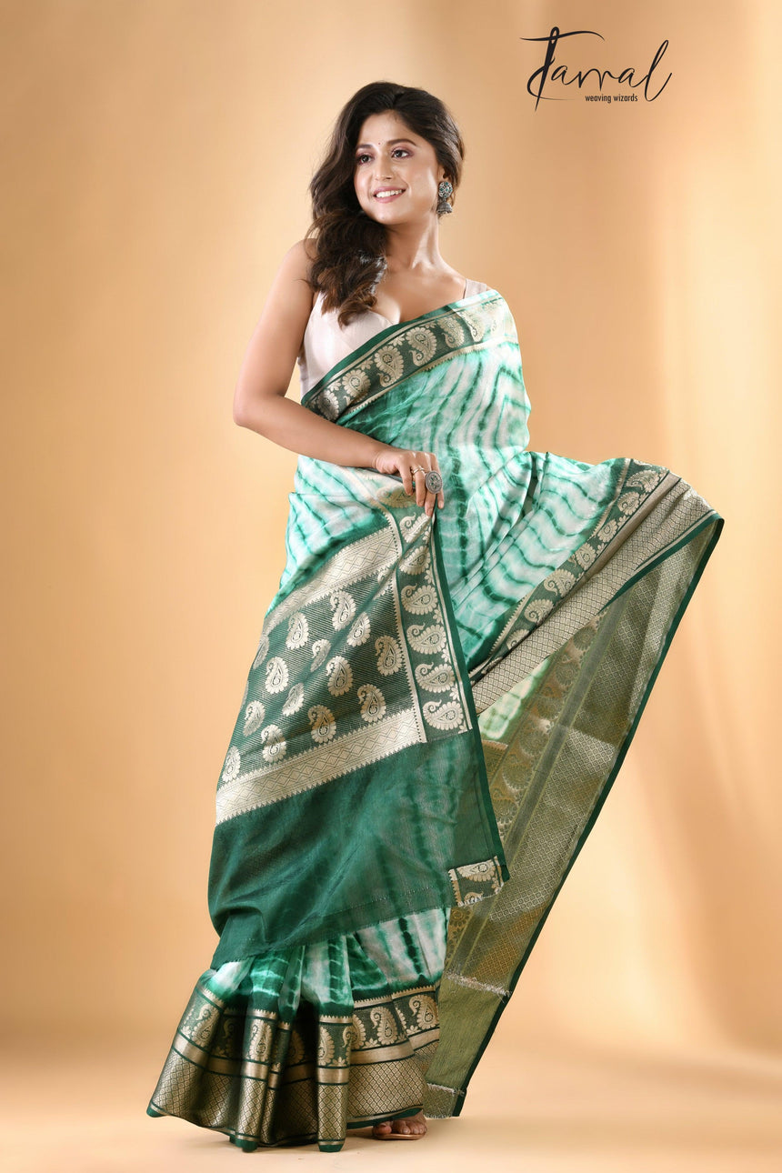 White with green Shivori Banarasi Silk Saree - Tamal Boutique