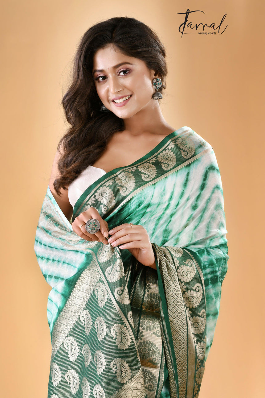 White with green Shivori Banarasi Silk Saree - Tamal Boutique