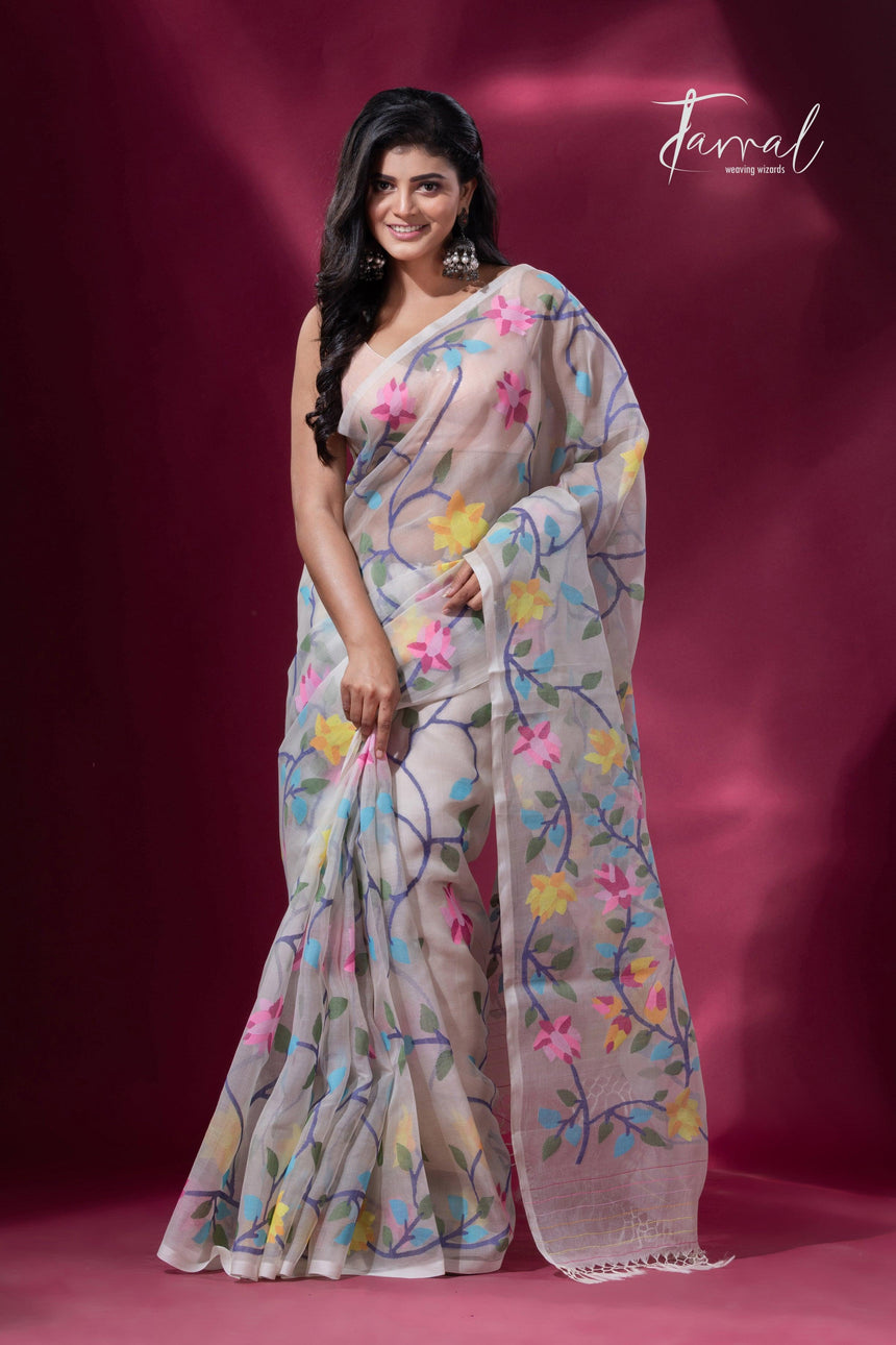 Offwhite With Multicolor Muslin Silk Handwoven Jamdani Saree - Tamal Boutique