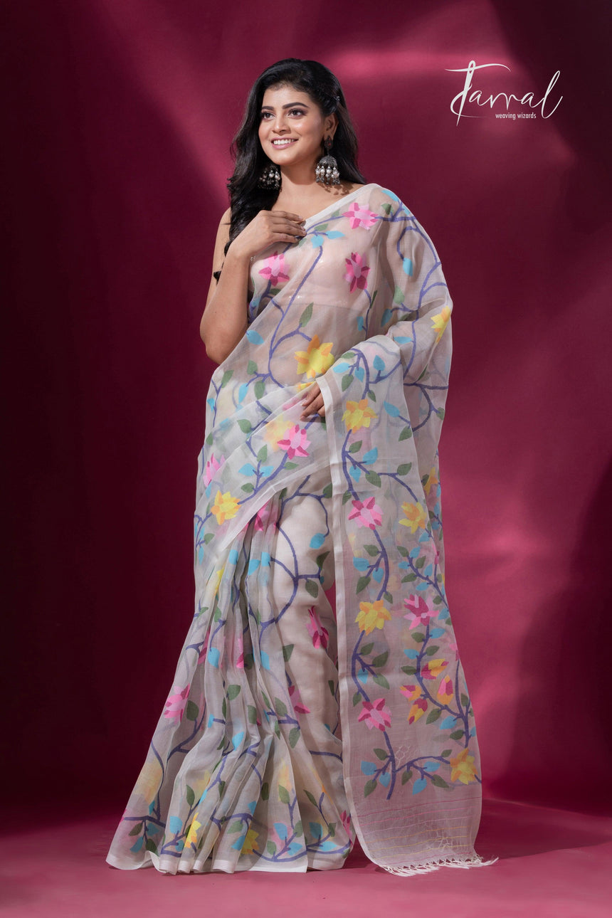 Offwhite With Multicolor Muslin Silk Handwoven Jamdani Saree - Tamal Boutique