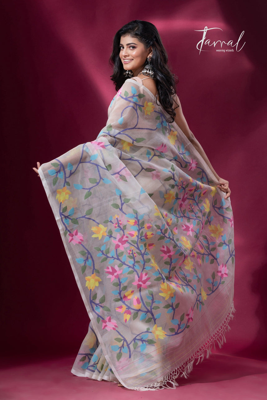 Offwhite With Multicolor Muslin Silk Handwoven Jamdani Saree - Tamal Boutique