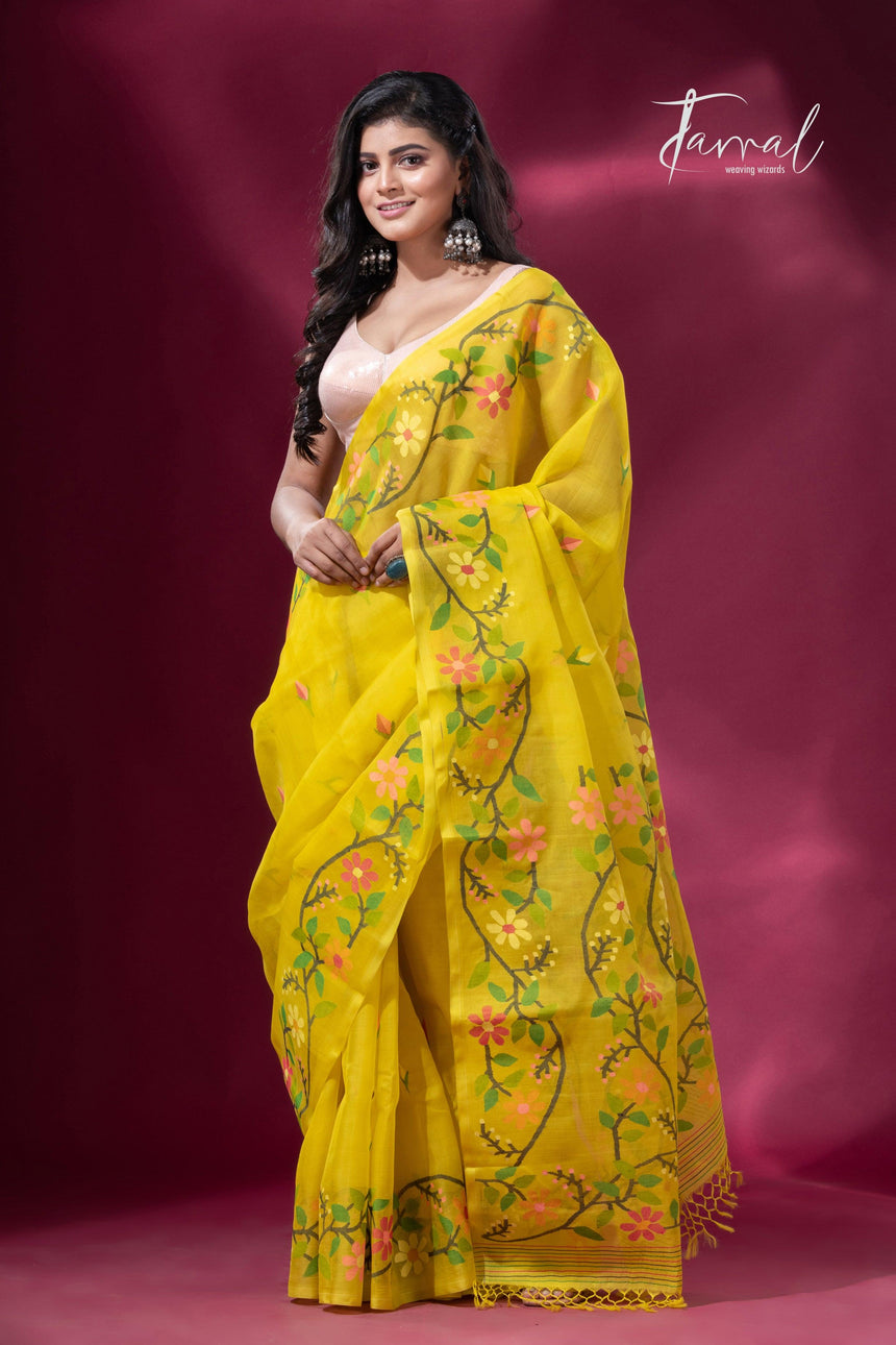 Yellow with multi colour floral border handwoven muslin jamdani saree - Tamal Boutique