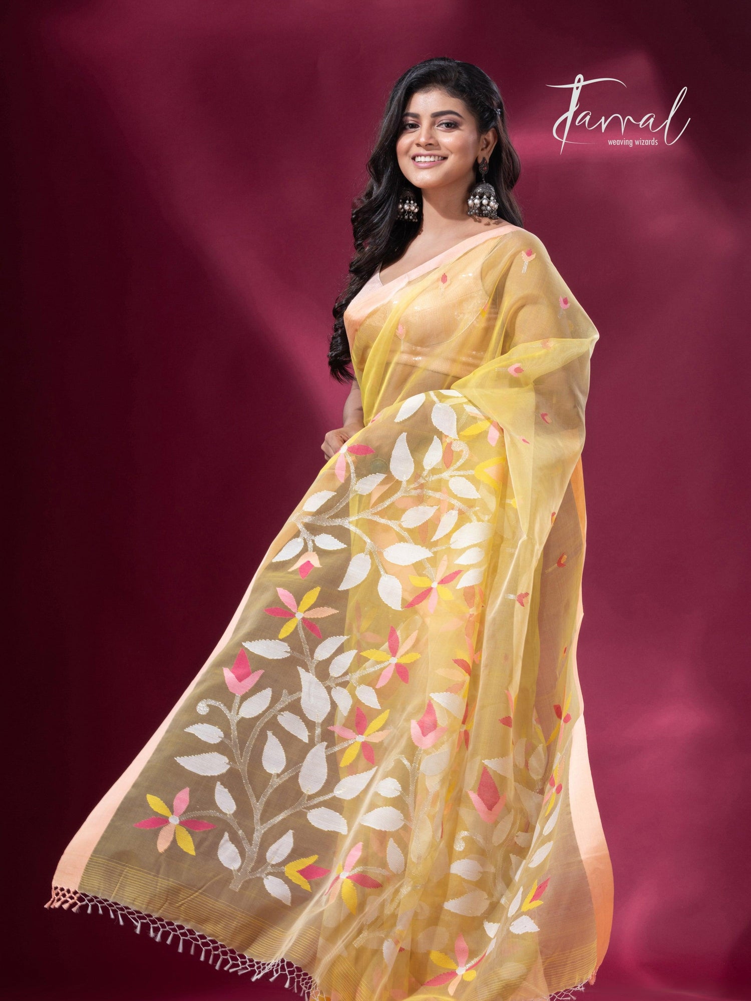 Light yellow with peach border floral handwoven pure organza muslin silk handwoven jamdani saree - Tamal Boutique