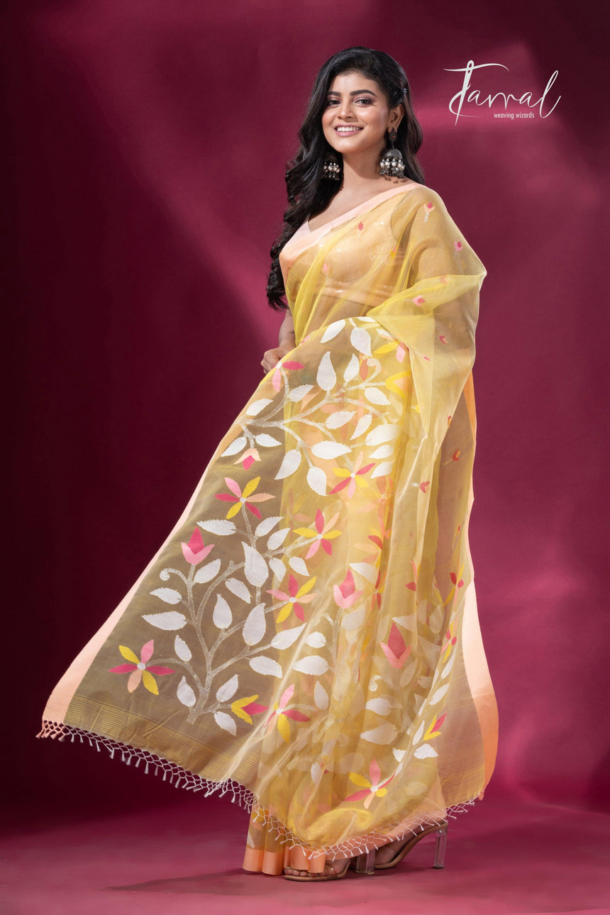 Light yellow with peach border floral handwoven pure organza muslin silk handwoven jamdani saree - Tamal Boutique
