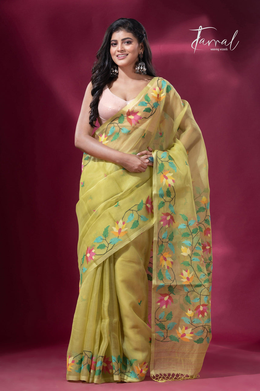 Lemon greenish yellow floral border muslin silk handwoven jamdani saree - Tamal Boutique
