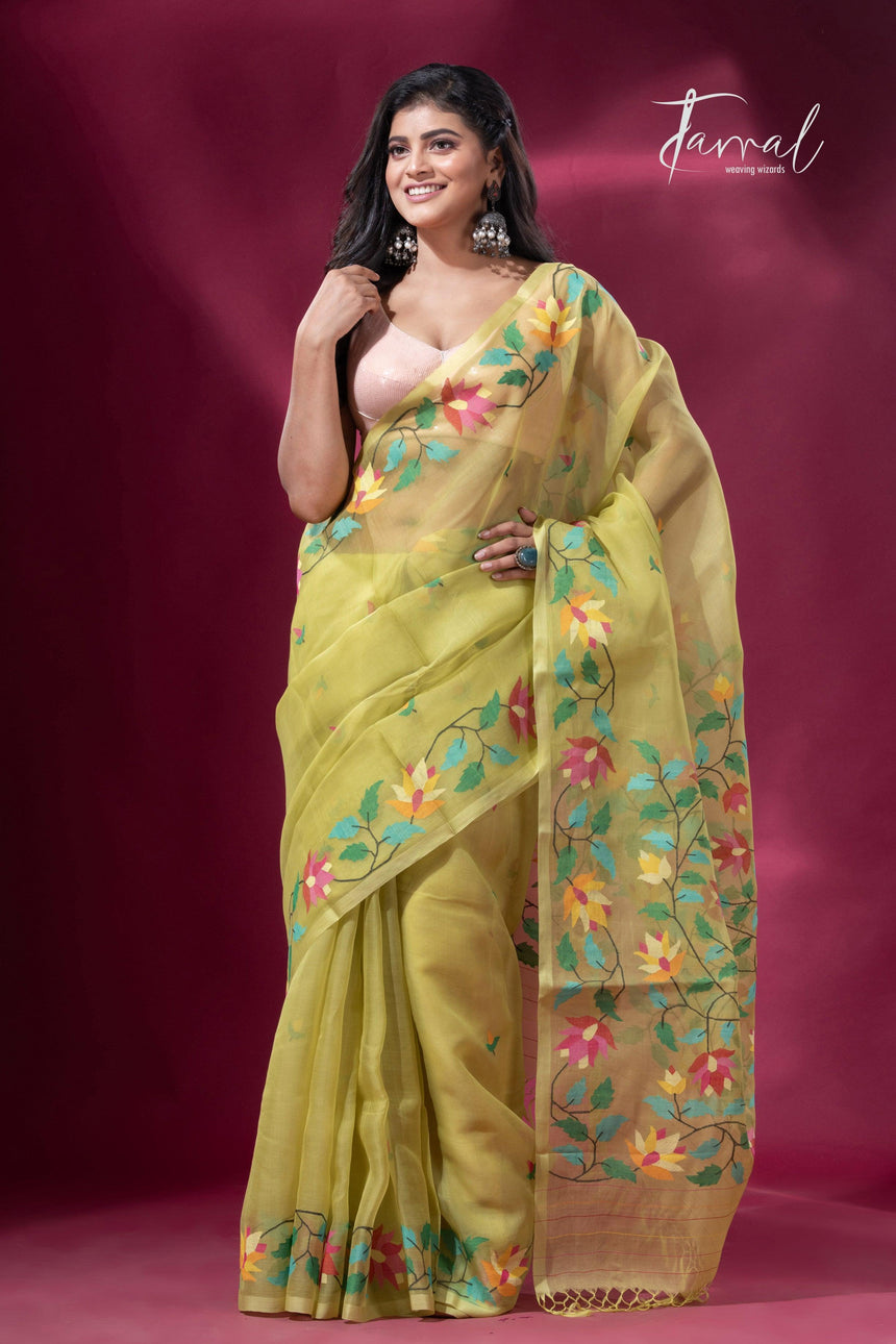 Lemon greenish yellow floral border muslin silk handwoven jamdani saree - Tamal Boutique