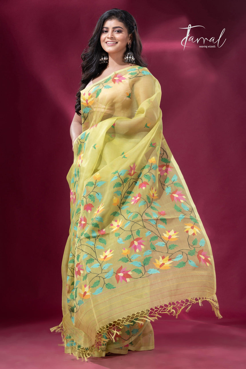 Lemon greenish yellow floral border muslin silk handwoven jamdani saree - Tamal Boutique