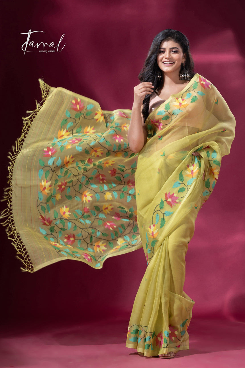 Lemon greenish yellow floral border muslin silk handwoven jamdani saree - Tamal Boutique