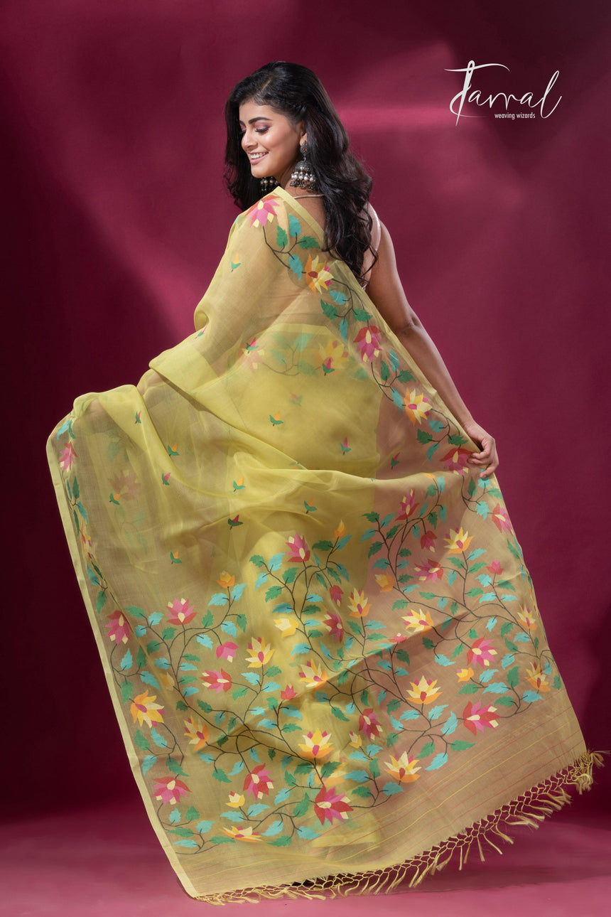 Lemon greenish yellow floral border muslin silk handwoven jamdani saree - Tamal Boutique