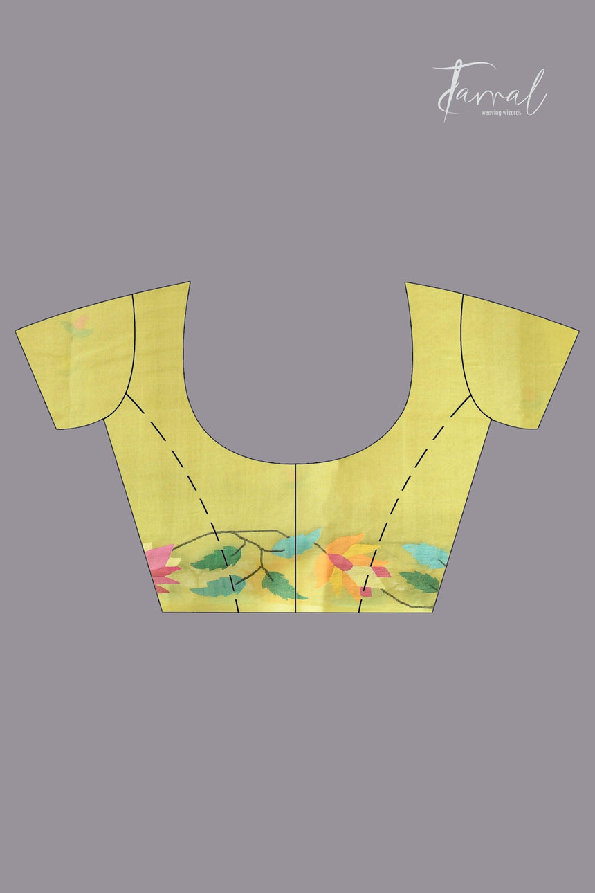 Lemon greenish yellow floral border muslin silk handwoven jamdani saree - Tamal Boutique