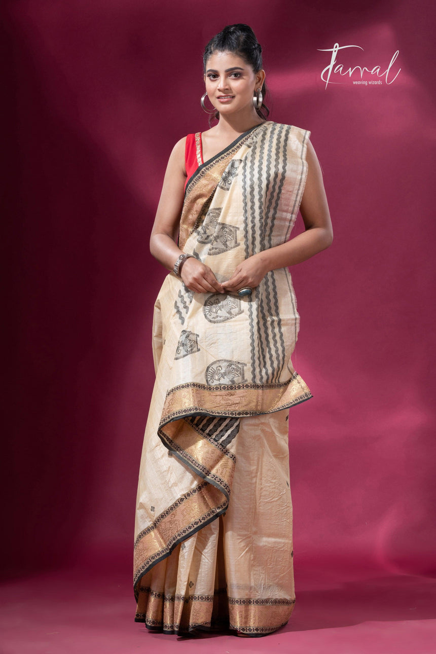 Light Creamy Elegance Tussar Tangail Handloom Saree - Tamal Boutique