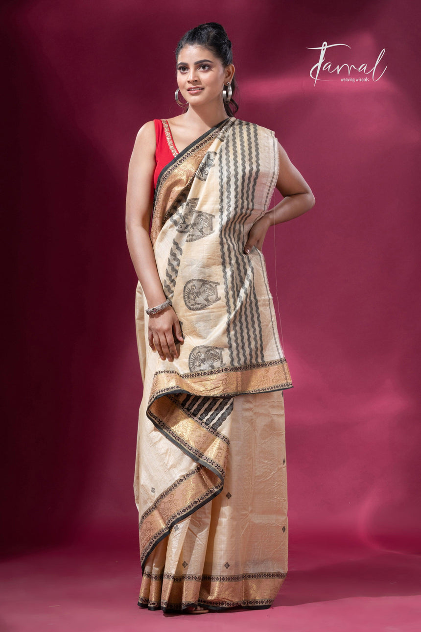 Light Creamy Elegance Tussar Tangail Handloom Saree - Tamal Boutique
