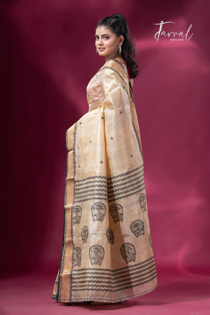 Light Creamy Elegance Tussar Tangail Handloom Saree - Tamal Boutique