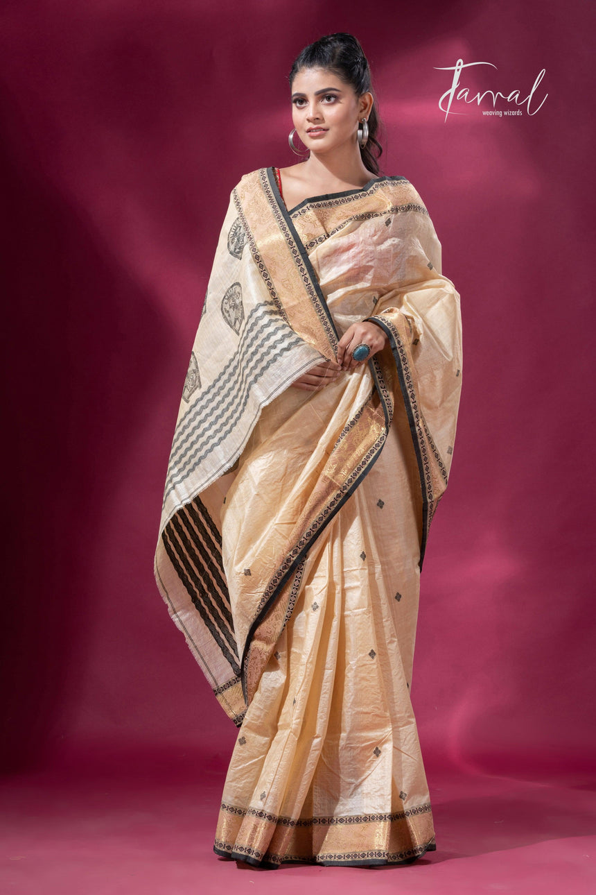 Light Creamy Elegance Tussar Tangail Handloom Saree - Tamal Boutique