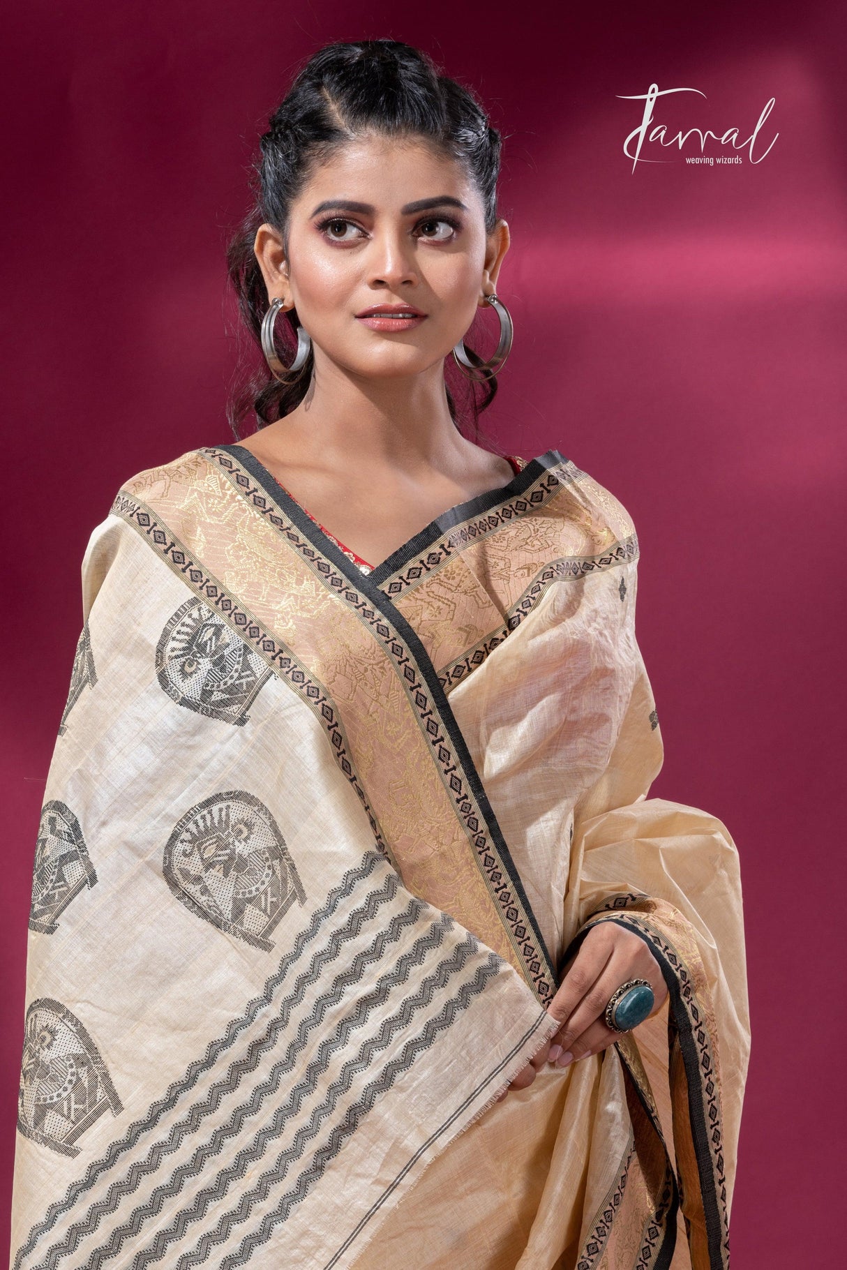 Light Creamy Elegance Tussar Tangail Handloom Saree - Tamal Boutique