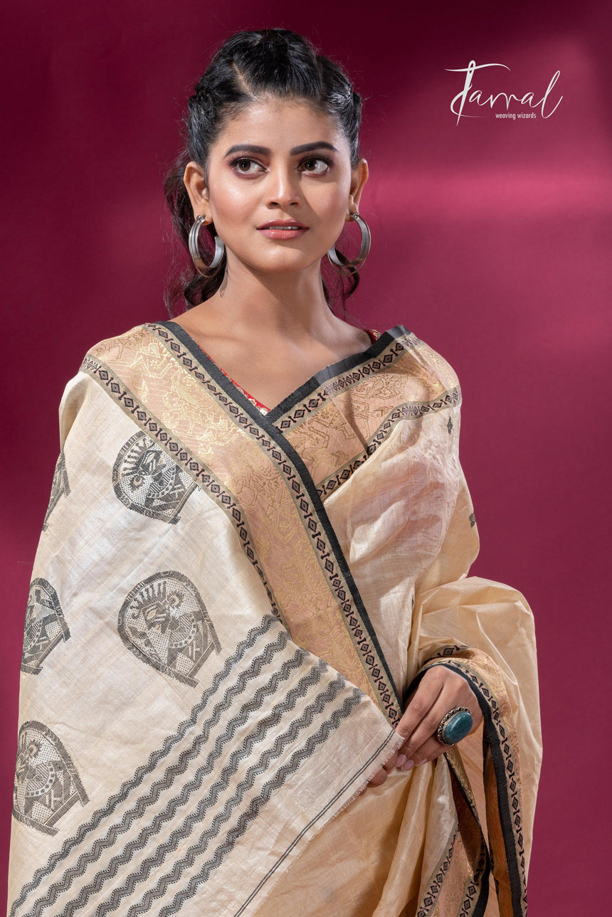 Light Creamy Elegance Tussar Tangail Handloom Saree - Tamal Boutique