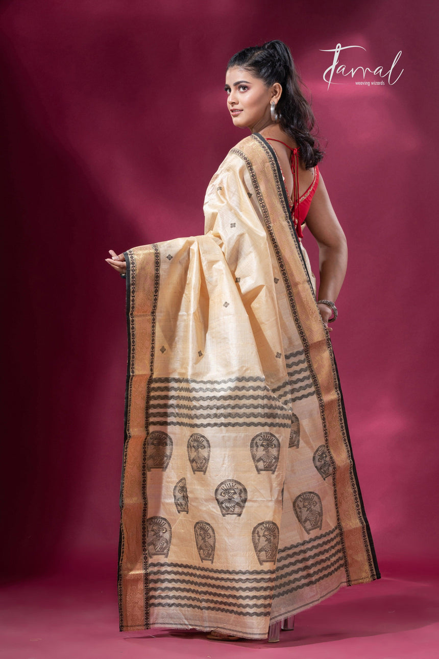 Light Creamy Elegance Tussar Tangail Handloom Saree - Tamal Boutique