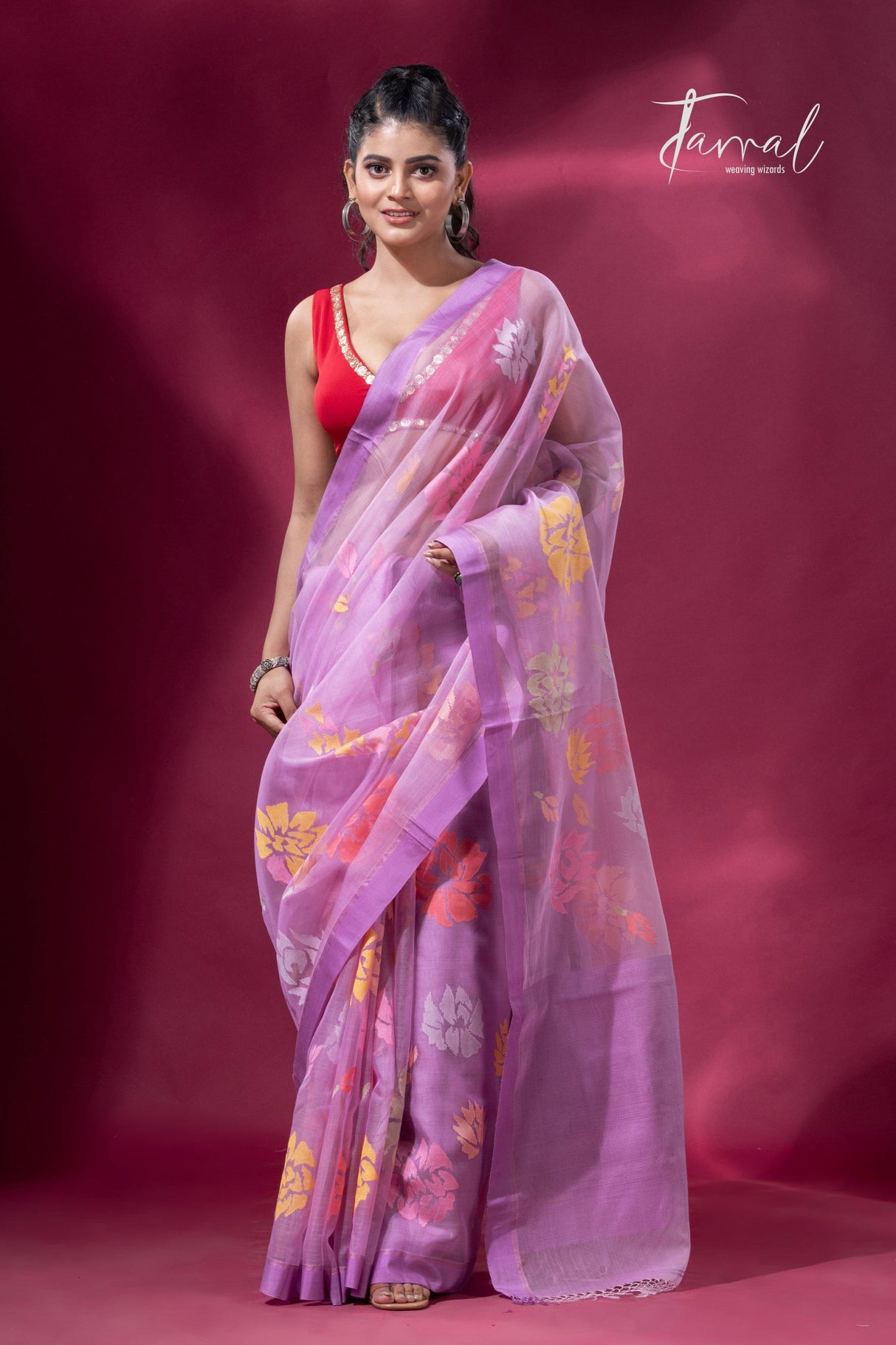 Lavender with purple border allover floral motifs handwoven jamdani saree - Tamal Boutique