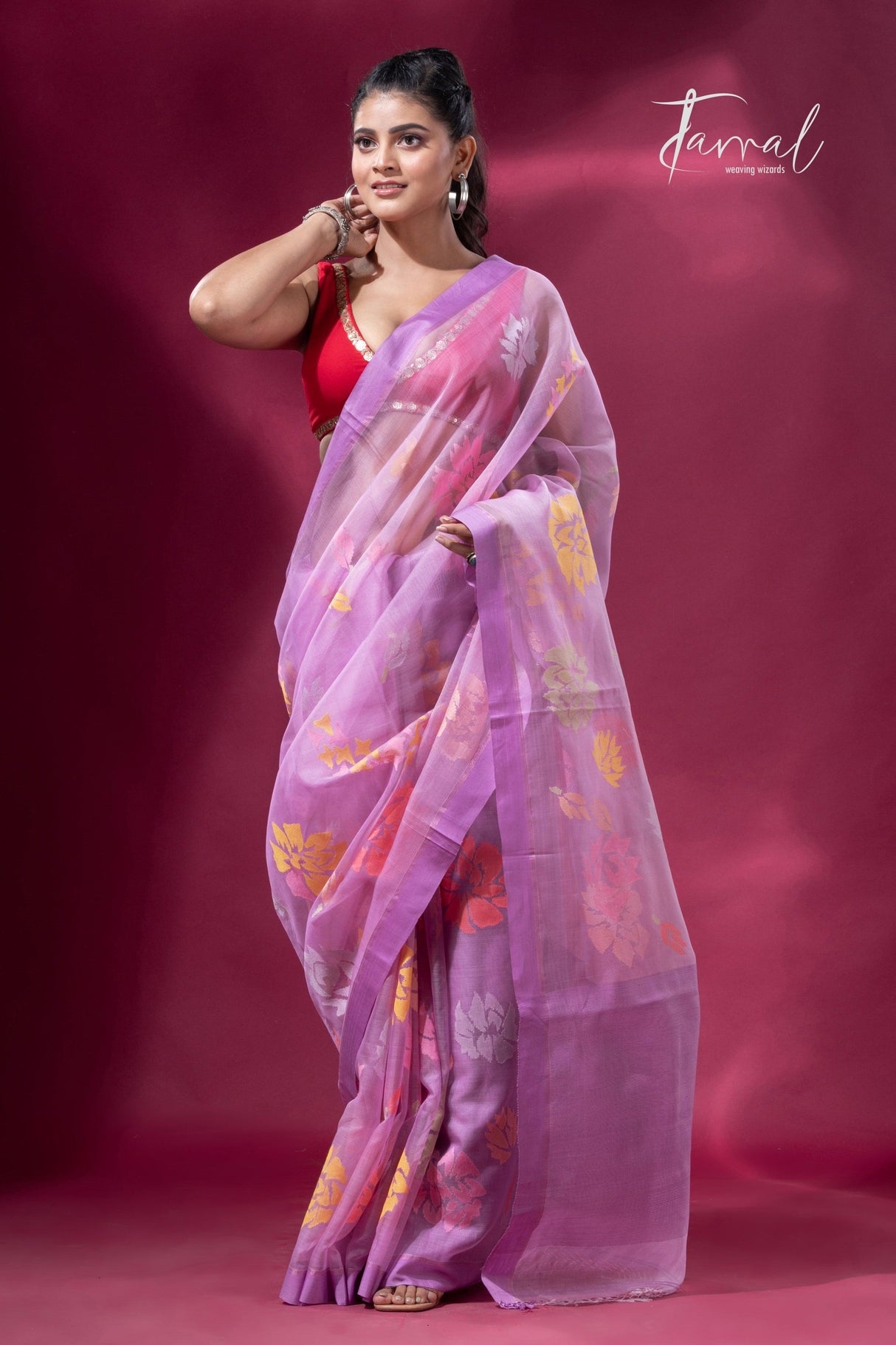 Lavender with purple border allover floral motifs handwoven jamdani saree - Tamal Boutique