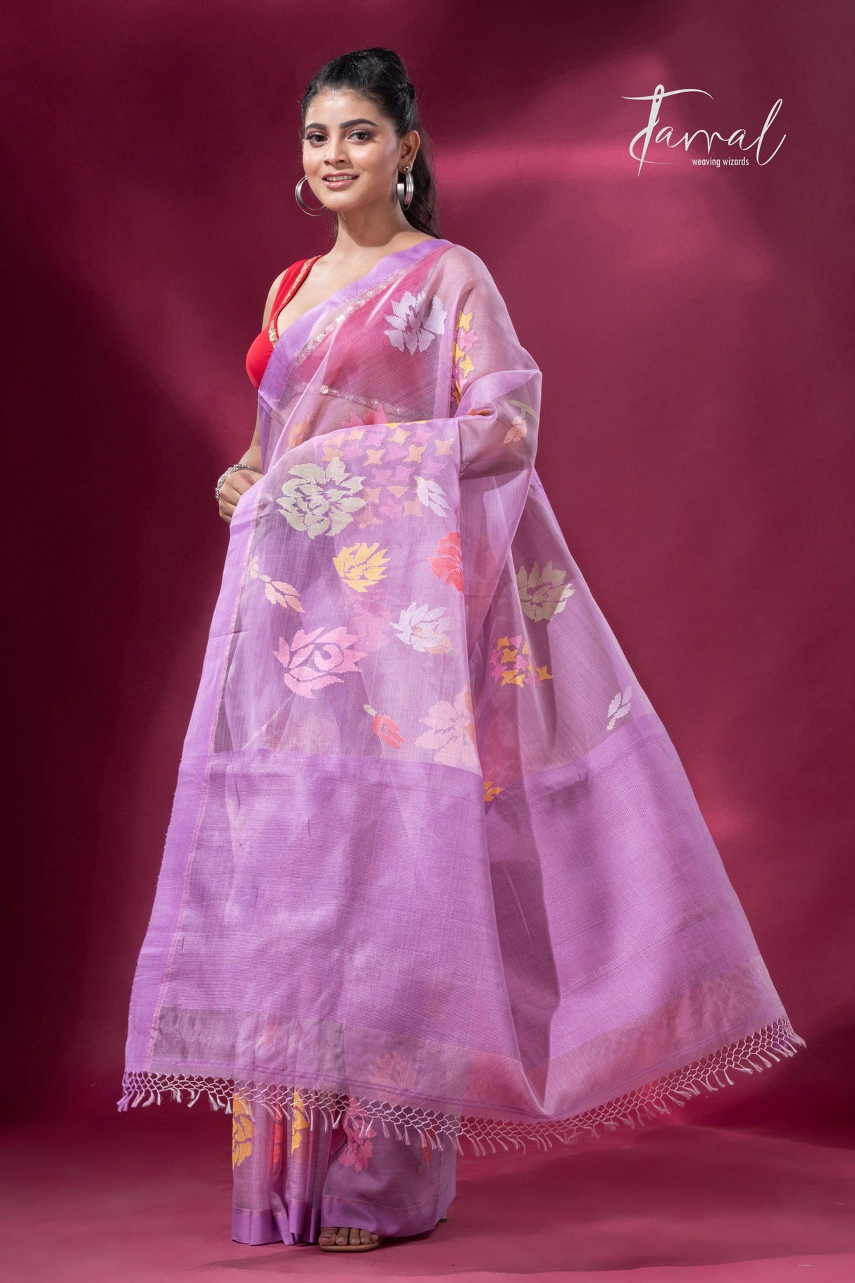 Lavender with purple border allover floral motifs handwoven jamdani saree - Tamal Boutique