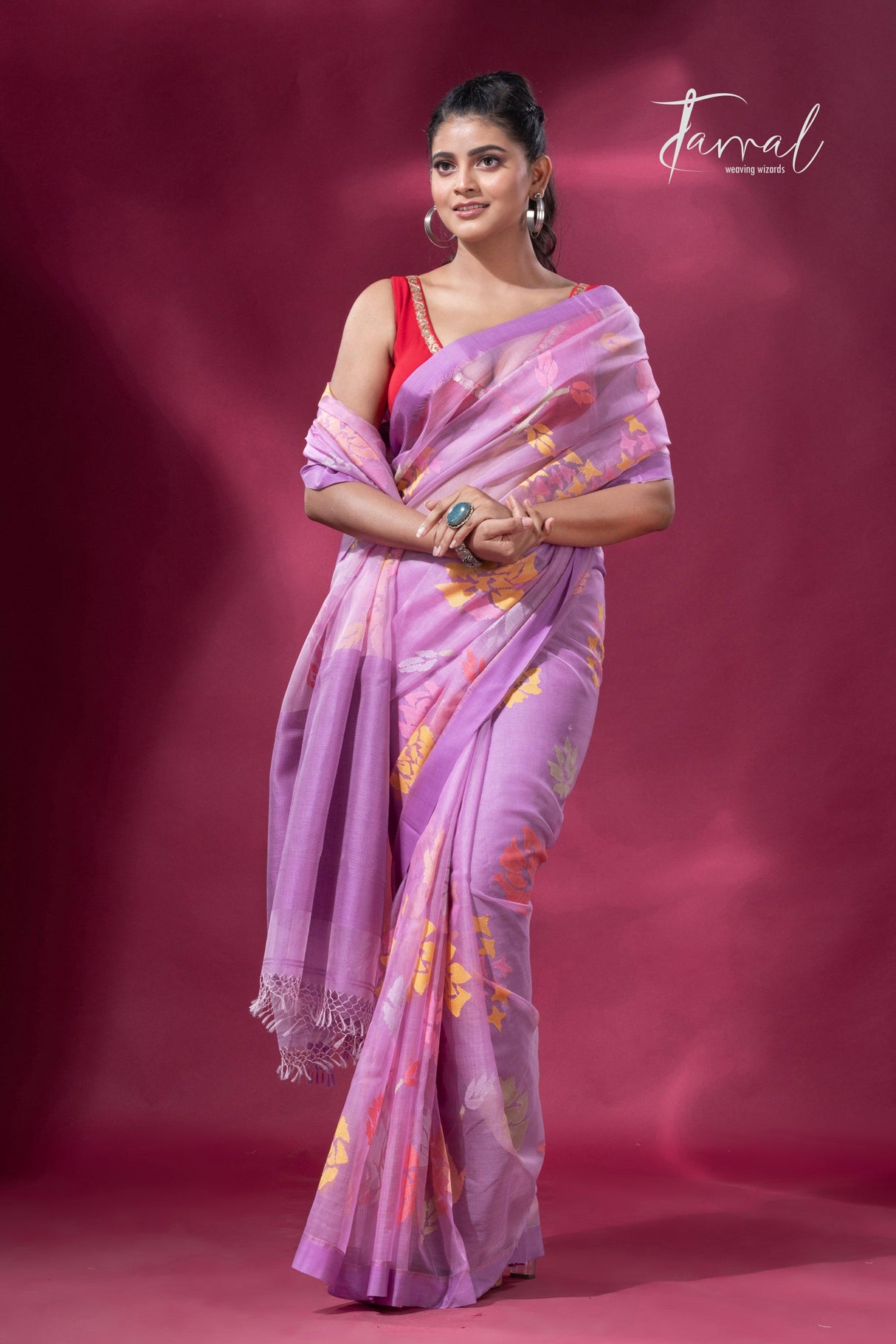 Lavender with purple border allover floral motifs handwoven jamdani saree - Tamal Boutique