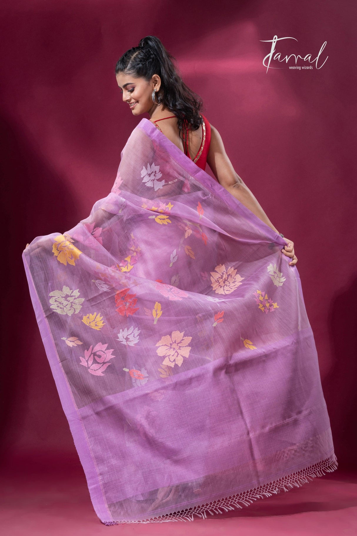 Lavender with purple border allover floral motifs handwoven jamdani saree - Tamal Boutique