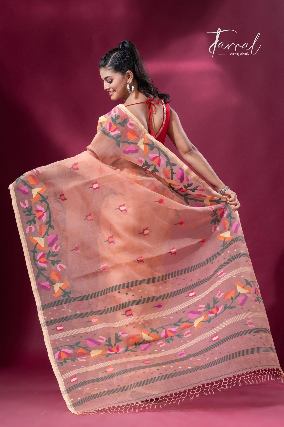 Peach colour kalmilata floral handwoven muslin silk jamdani saree - Tamal Boutique