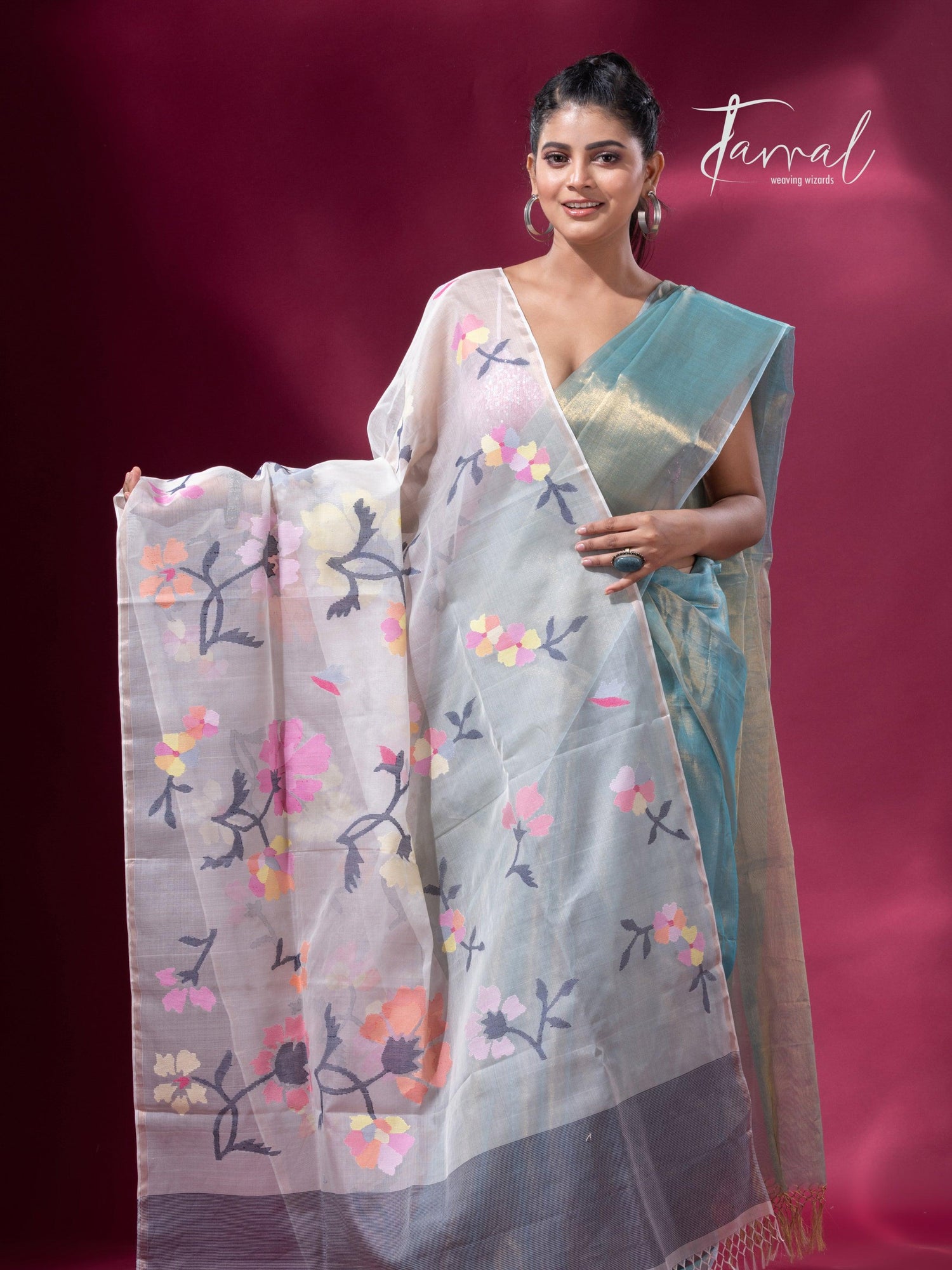 Offwhite with multicolour allover floral handwoven muslin silk jamdani dupatta - Tamal Boutique