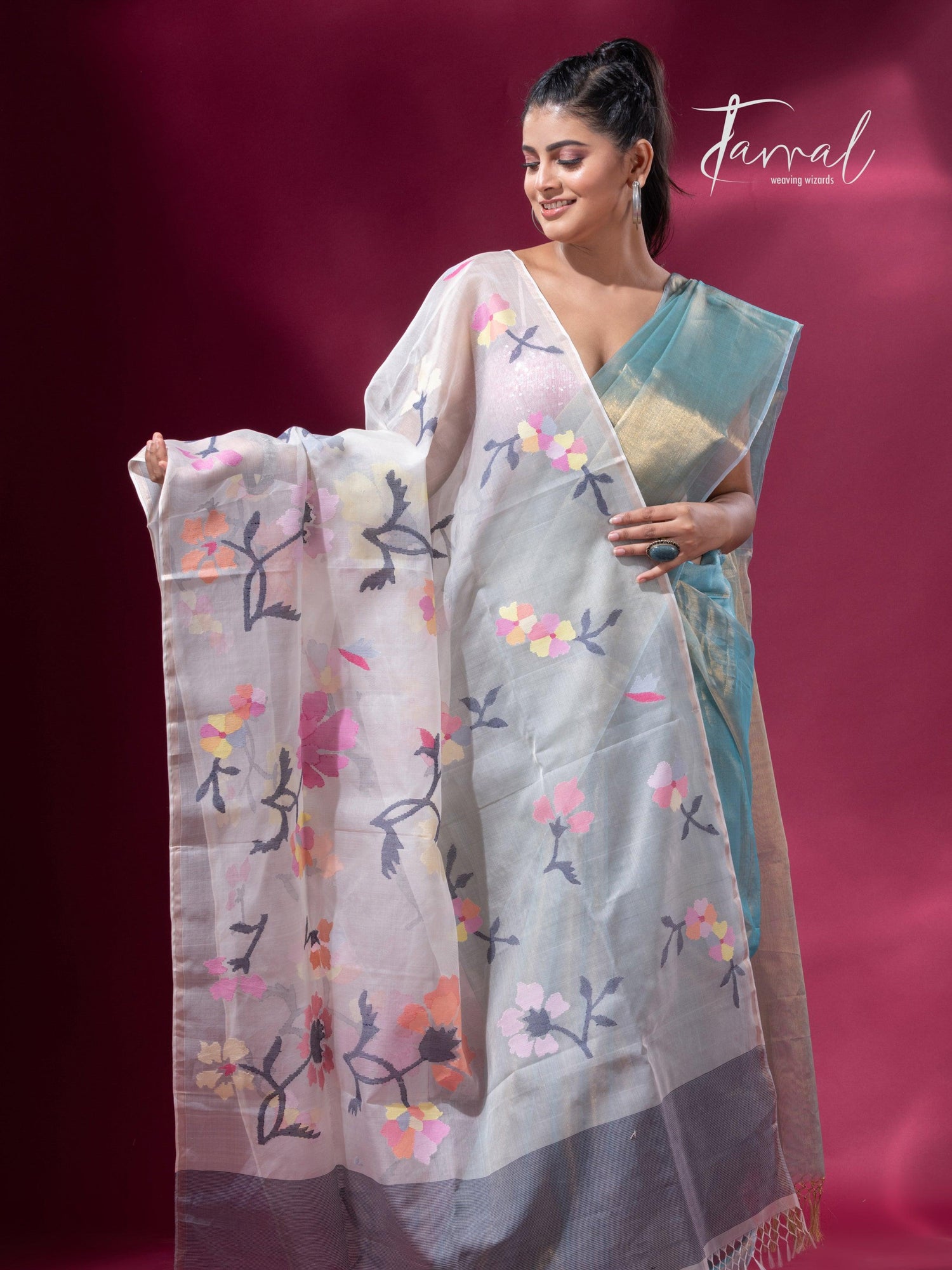 Offwhite with multicolour allover floral handwoven muslin silk jamdani dupatta - Tamal Boutique