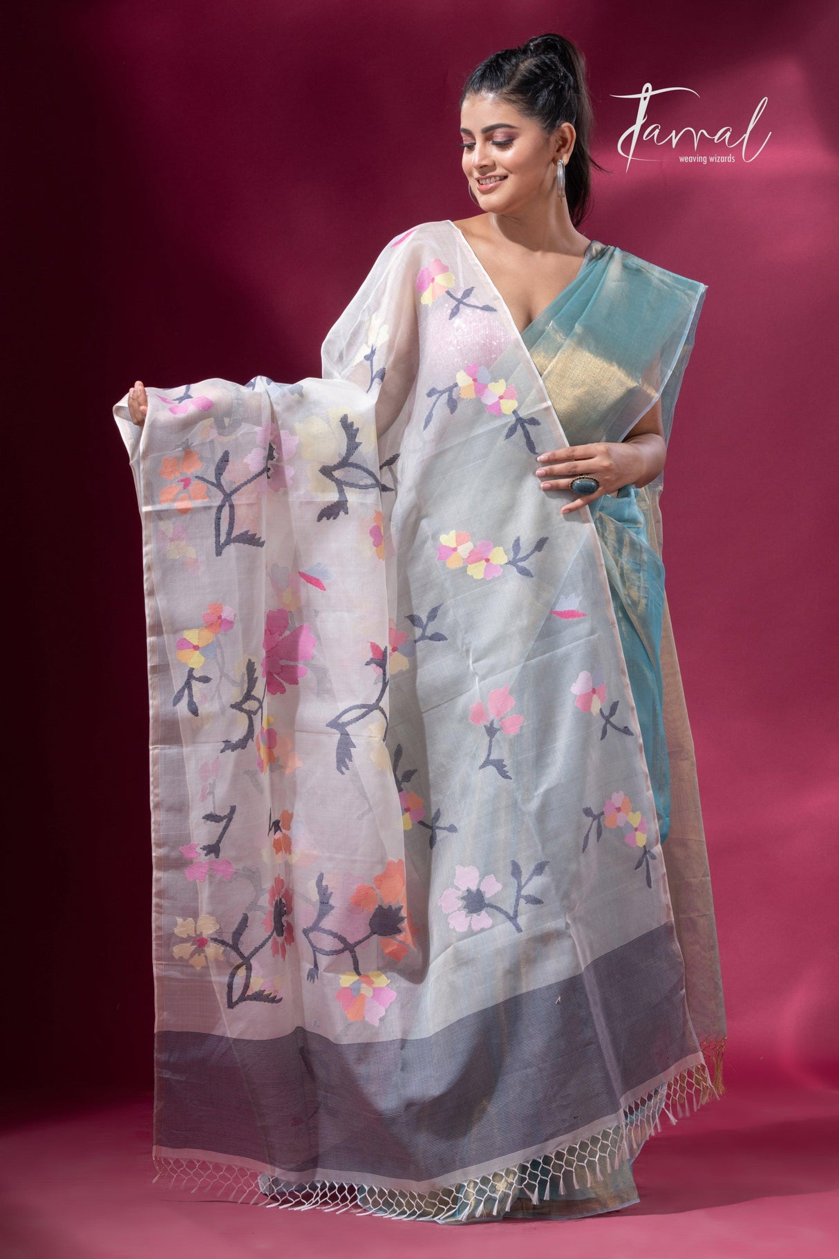 Offwhite with multicolour allover floral handwoven muslin silk jamdani dupatta - Tamal Boutique
