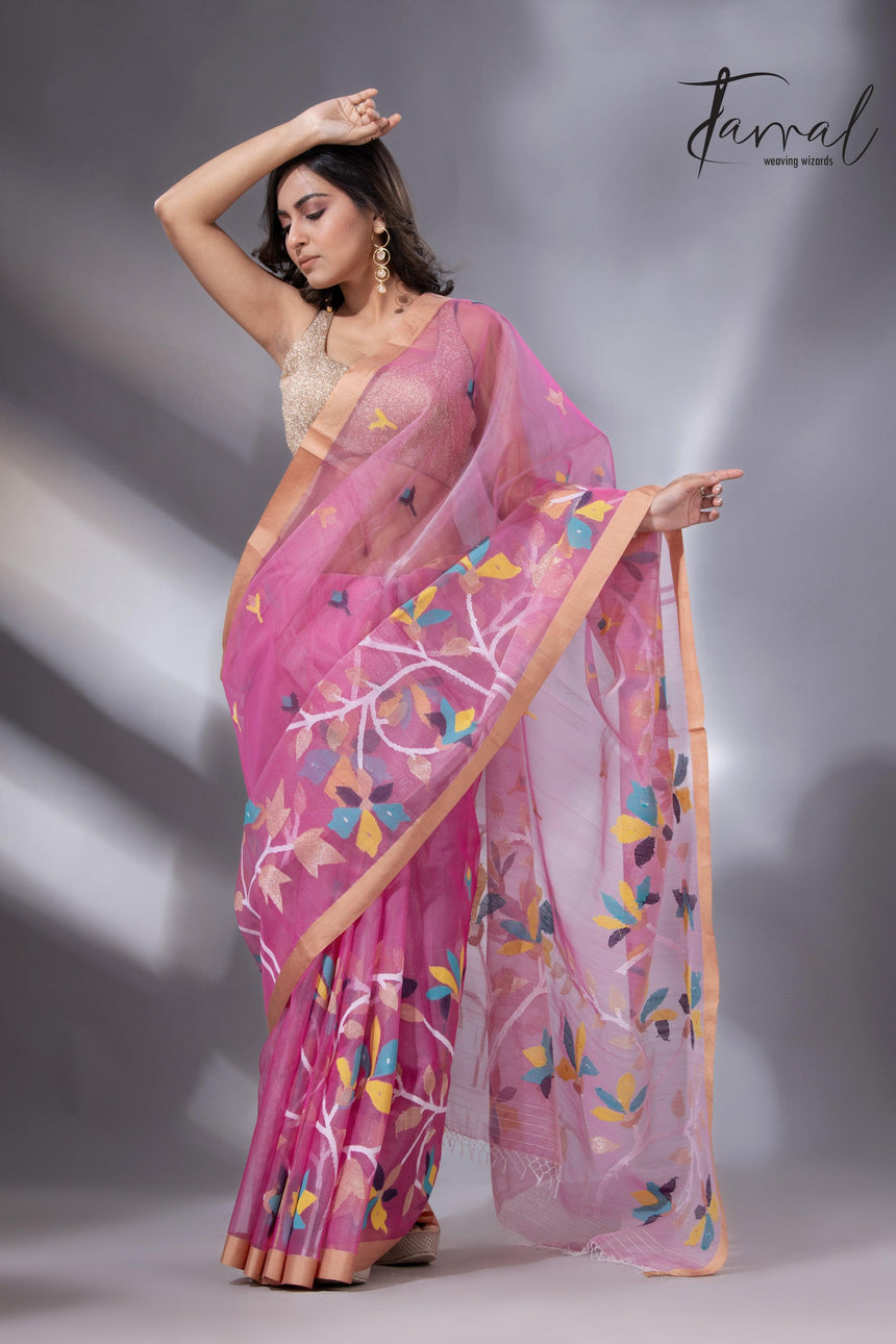 Rose pink with golden border Resham Muslin Kota silk handwoven jamdani saree - Tamal Boutique