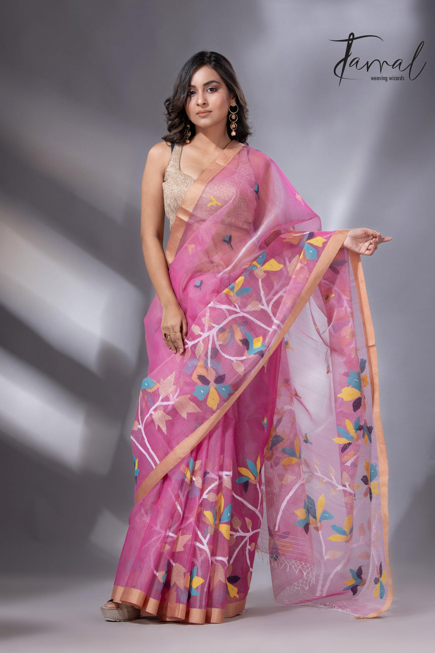 Rose pink with golden border Resham Muslin Kota silk handwoven jamdani saree - Tamal Boutique