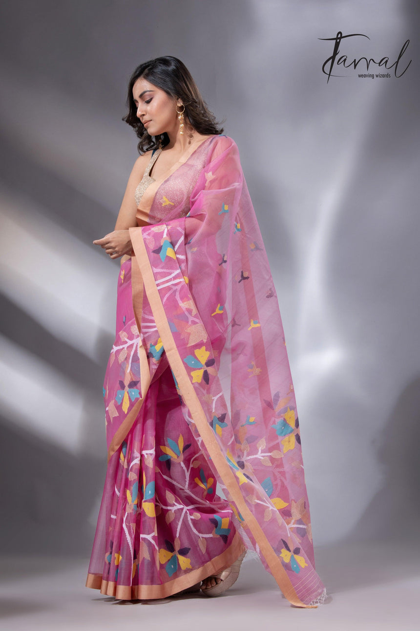 Rose pink with golden border Resham Muslin Kota silk handwoven jamdani saree - Tamal Boutique