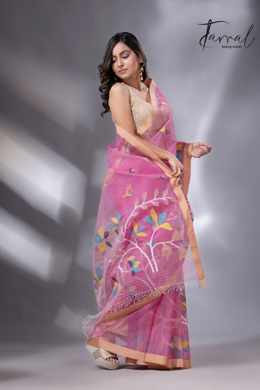 Rose pink with golden border Resham Muslin Kota silk handwoven jamdani saree - Tamal Boutique