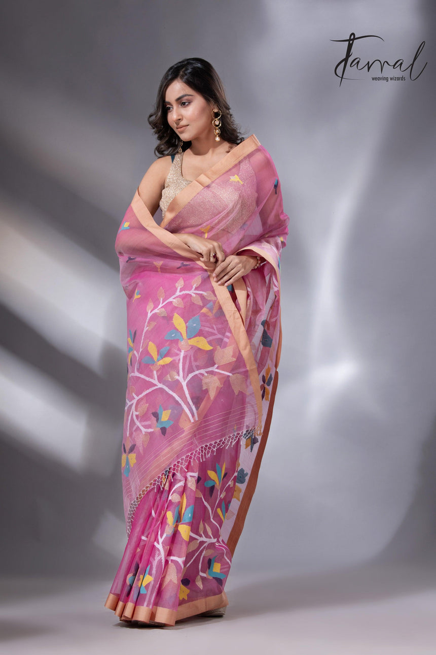 Rose pink with golden border Resham Muslin Kota silk handwoven jamdani saree - Tamal Boutique