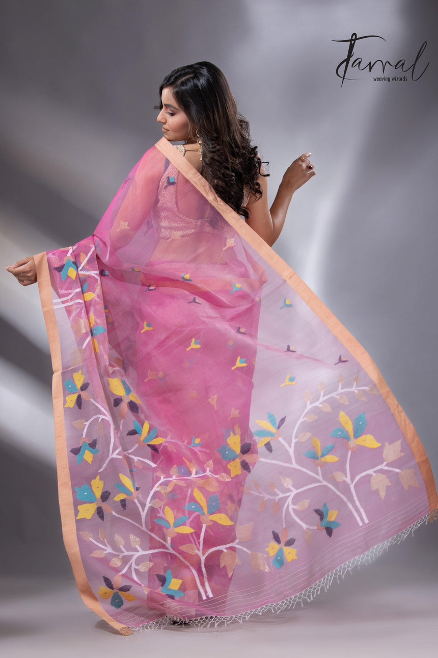 Rose pink with golden border Resham Muslin Kota silk handwoven jamdani saree - Tamal Boutique